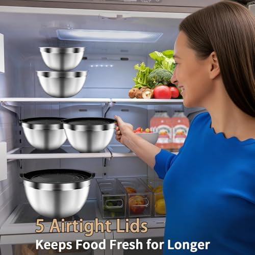 Mixing Bowls with Airtight Lids Set, 5 PCS Stainless Steel Black