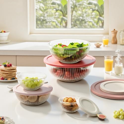 Glass Mixing Bowls with Lids Sets, 5 PCS Serving Bowls for Party or Kitchen