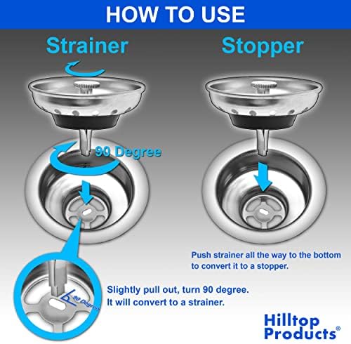 2 Pack - Kitchen Sink Strainer and Stopper Combo Basket Replacement for Standard 3-1/2 inch Drain, Stainless Steel Basket with Plastic Knob, Rubber Stopper Bottom - Hilltop Products