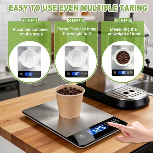 Digital Kitchen Scale, 33lb Food Scale Precisely Measures Grams and Ounces for Baking, Cooking, and Meal Prep, 304 Stainless Steel Weight Scale for Food with LCD Display, Batteries Included