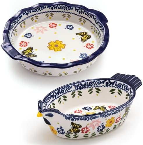 Uiifan 2 Pack 27oz & 48.8oz Ceramic Casserole Dishes Chicken & Round Shape