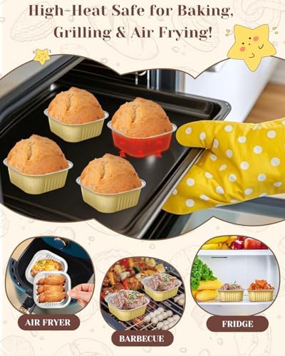 YQER 60 Pack 10oz Mini Cake Pans with Lids, Spoons, Stickers - Disposable Square Brownie Baking Cups - Individual Small Aluminum Foil Loaf Tins for Muffin, Ramekins, Cupcake - Catering, Gift, Gold