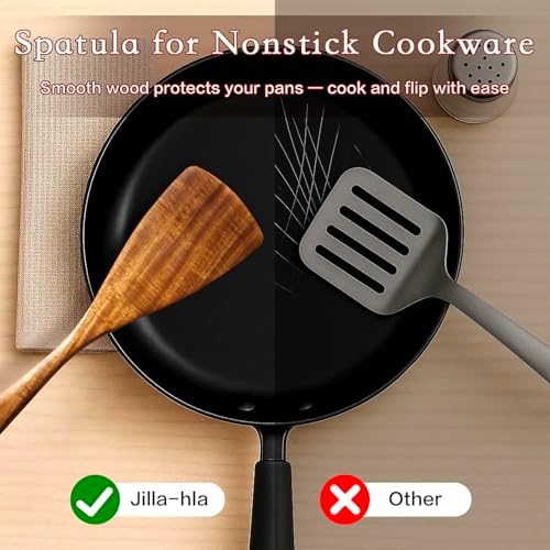 Jilla-hla Wooden Spatula Nonstick Turner Acacia Wood, Long Handle Flat Frying Spatulas Handmade for Kitchen Gifts, Ideal Cookware Utensils for Cooking Eggs, Fish, Pancakes