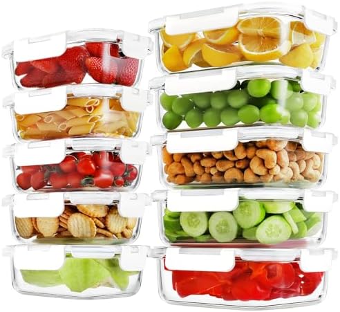 HOMBERKING 10-Pack Glass Meal Prep Containers, 36 oz/14 oz, Locking Lid Set