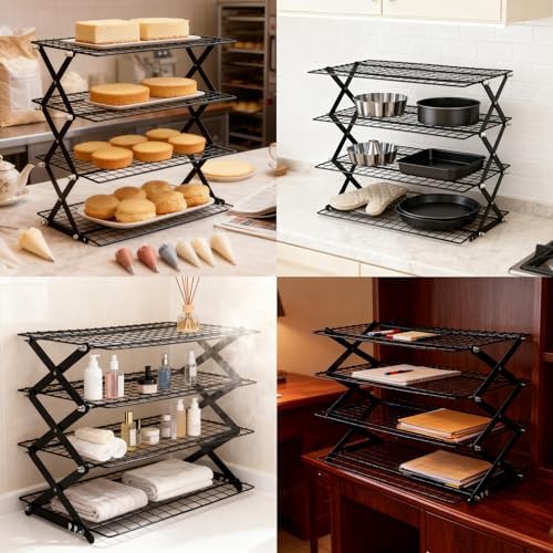 INNOVATIVE LIFE 4-Tier Collapsible Cooling Rack with 3-Setting Adjustable Design, Space Saving Metal Food Display Stand, Stackable Multi-Purpose Roasting Cooling Rack for Baking Cooking Cookies Picnic