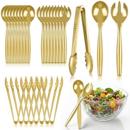 24 Pcs Disposable Gold Plastic Serving Utensils Set, Forks Spoons Tongs