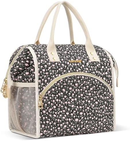 LOKASS Insulated Lunch Bag Women- Reusable 10 L Lunch Box for Women - Leakproof Tote Cooler Bag for Adults Work, Beach, Travel, Picnic （Black Small Florals）