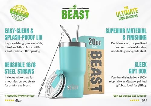 Beast 20 oz Tumbler Stainless Steel Vacuum Insulated Coffee Ice Cup Double Wall Travel Flask (Aquamarine Blue)