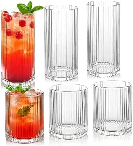 Ribbed Drinking Glasses 6pcs, 12oz and 10oz Glassware, Tumbler Glasses Cup Set for Wedding, Party, Christmas Gift, Clear