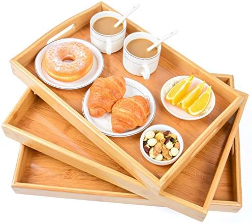 3 Pack Bamboo Serving Trays with Handles, Wooden Food Trays (Beige)