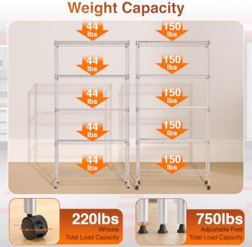 BestOffice | 5-Tier Wire Shelf with Wheels | 14" x 30" x 60" | Chrome