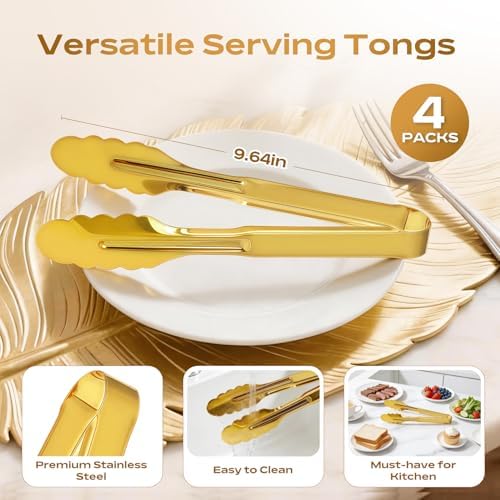 4 Pack Stainless Steel Serving Tongs, 9 Inch Gold Salad Tongs Serving Utensils Buffet Tongs Gold Plated Heavy Duty Reusable Metal Kitchen Clips for Salad, Snack, Barbecue, Catering, Wedding, Party