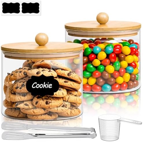 ComSaf Glass Storage Jars with Bamboo Lids 1.8 Qt 2 Pack Large Round