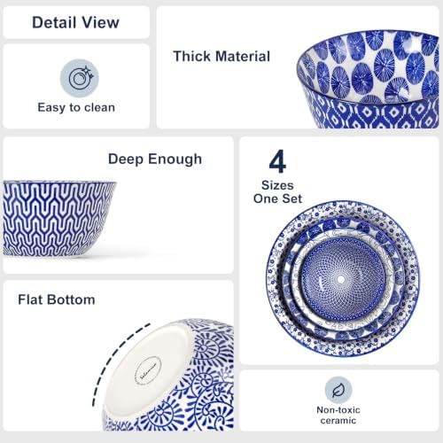 Selamica Ceramic Mixing Bowls Set of 4, 20/36/60/123 oz, Vintage Blue