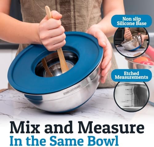 Priority Chef 6Pc Stainless Steel Mixing Bowls with Lids Set, Huge 7 Qrt Size Metal Bowl Set for Kitchen, 3 Graters, Non-Slip Bases & Silicone Utensils Set, Blue