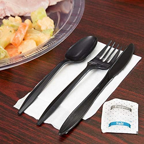 50 Plastic Cutlery Packets - Knife Fork Spoon Napkin Salt Pepper Sets | Black Plastic Silverware Sets Individually Wrapped Cutlery Kits, Bulk Utensil Cutlery Set Disposable To Go Silverware