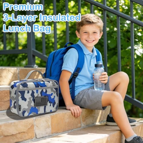 FlowFly Kids Lunch box Insulated Soft Bag Mini Cooler Back to School Thermal Meal Tote Kit for Girls, Boys, Flag