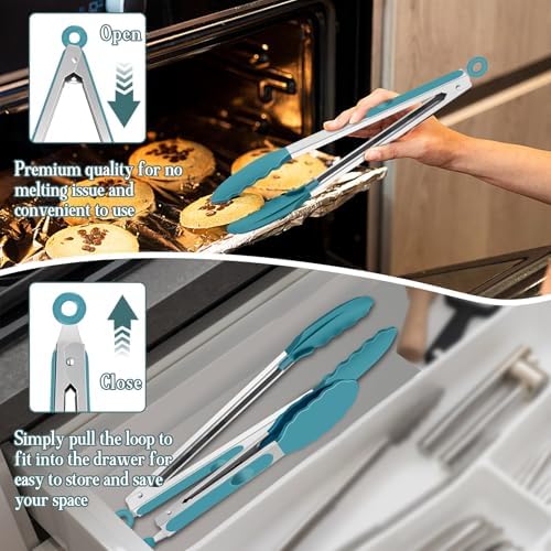 TeamFar Kitchen Tongs, 9"&12" Stainless Steel Heat Resistant Cooking Tongs