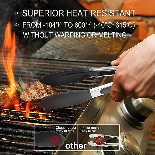 Anaeat Non-Stick Silicone Locking Tong Set of 3 - Stainless Steel 7, 9 and 12 inch Kitchen Food Tongs with Non-Slip Silicone Tips and Grip for Cooking, Baking and BBQ - Heavy Duty & Heat Resistant