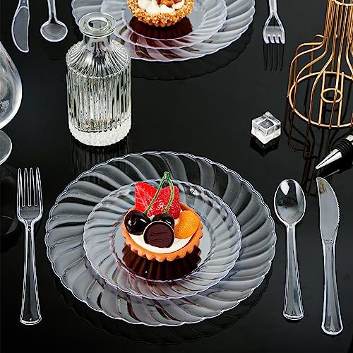 FOCUSLINE 100 Count Clear Plastic Plates, 9 Inch Disposable Dinner Plates
