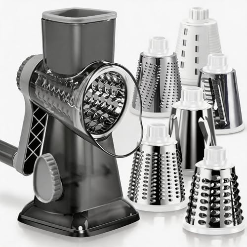 KEOUKE Rotary Cheese Grater Pro 6 in 1 - Shredder Crinkle Slicer Grinder Ice Shaver, Stable Suction, Time-saving Easy Use & Clean, Safe Morden Kitchen Tool for Cheese, Vegetable, Nuts, Chocolate