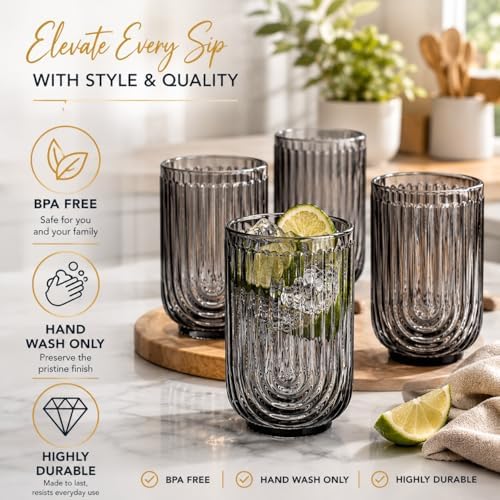 Glaver's Vintage Glassware - Art Deco Ribbed Drinking Glasses, U-Shape Arch Design Colored Cocktail Decorative Party Everyday Kitchen Tumblers, Hand Wash Only (Smoke S/4 17oz)