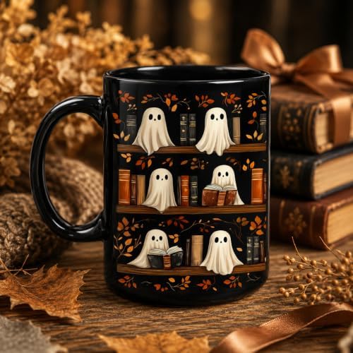 Hyturtle Cute Ghost Read Book Mug - Black Coffee Cup Ceramic Mug 15 Oz And Keychain - Book Gifts For Women Lover - Bookish Gift For Bookworm Librarian - Inspirational Librarian Present For Halloween