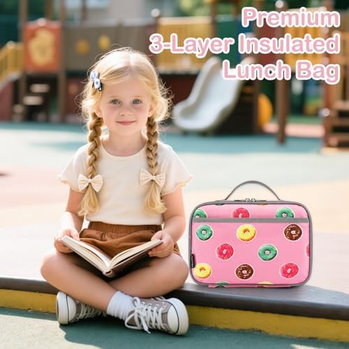 FlowFly Kids Lunch box Insulated Soft Bag Mini Cooler Back to School Thermal Meal Tote Kit for Girls, Boys, Doughnut