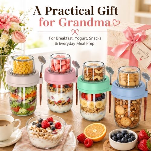 4 Pack 20 oz Overnight Oats Containers with Lids and Spoons, Glass