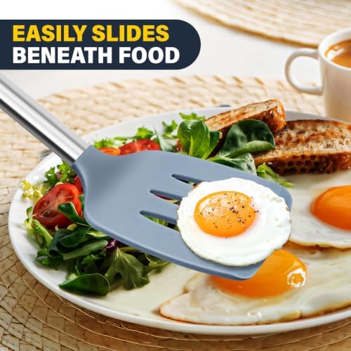 2 Pack Silicone Spatula Set, Solid & Slotted Turner for Non-Stick Pans, High Heat Resistant Silicone Spatula for Cooking, BPA-Free Stainless Steel Cooking Utensils for Fish, Eggs, Pancakes, Blue