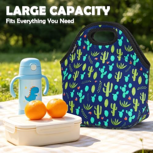 FlowFly Neoprene Lunch Tote Insulated Thermal Reusable Lunch Bag Box for Boys Men with Zipper (Cactus)