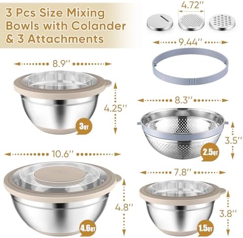 P&P CHEF Mixing Bowls with Lids, Metal Mixing Bowl with Colander, Khaki