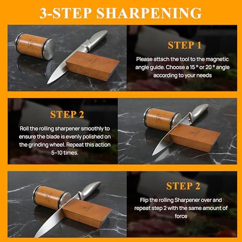 Rolling Knife Sharpener Kit with 1000 & 3000 Grit Discs, Magnetic 15°/20° Angle Guide for Kitchen Knives, Finger Protector, Leather Strop & Carry Bag