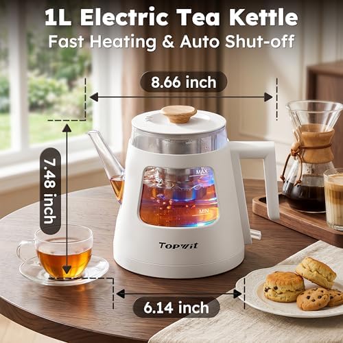 TOPWIT 1L Gooseneck Electric Tea Kettle, Glass Electric Kettle, BPA-free