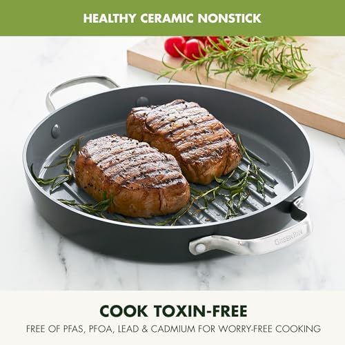 GreenPan Valencia Pro Hard Anodized Healthy Ceramic Nonstick 11" Grill Pan, PFAS-Free, Induction, Dishwasher Safe, Oven Safe, Gray (Pack of 4)