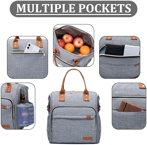TuErCao Adult Lunch Box - Insulated Lunch Bag Women for Work, Soft Cooler for Beach Travel Picnic, Ladies Lunch Tote Bag for Office, Grey