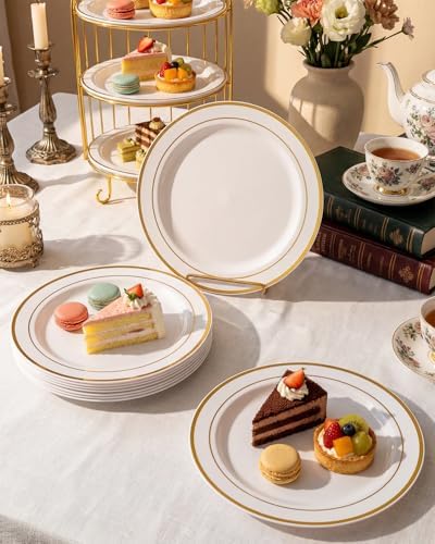 bUCLA 100Pieces Gold Plastic Dinner Plates - 10.25inch White and Gold Plates Disposable for Party - Ideal for Wedding, Party & Daily Use