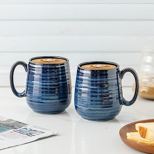HASENSE Large Coffee Mugs Set of 2, Porcelain 20 oz Coffee Cups for Office and Home, Modern Coffee Mug with Big Handle for Latte Coffee Tea Soup as Friend Gifts, Dishwasher and Microwave Safe, (Blue)