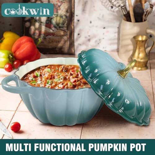 Pumpkin Enameled Cast Iron Dutch Oven with Lid, 4.5 QT Dual Handles and Heavy Duty Pot, Oven Safe up to 500°F for Bread Baking, Braising, Cooking and Family Gifts, Cyan