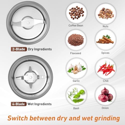 Secura Electric Coffee and Spice Grinder, 2 Removable Bowls, Stainless (Pack of 2)