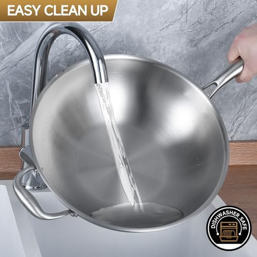 LOLYKITCH 12-Inch Stainless Steel Wok with Glass Lid | Detachable Handle
