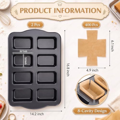 2 Pack Mini Loaf Baking Pans, Nonstick Rectangular Cake Baking Pans Black Carbon Steel Bakeware Set with 400 Sheets Cross Cut Parchment Paper, Heavy Duty Brownie Lasagna Bread Pan for Oven