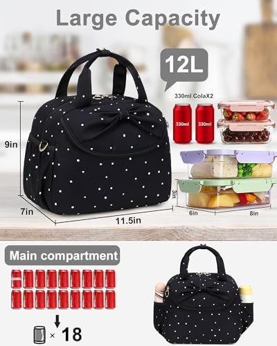 Bluboon Lunch Box for Women Cute Lunch Bag Reusable Insulated Lunch Bags Large Capacity Lunchbox Cooler for Work Picnic or Travel Gifts (Black White Dots, 10 x 7.5 x 8 inches)