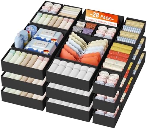 DIMJ Drawer Organizer Clothes, 26Pack Dresser Organizer, Foldable Closet Organizers and Storage, Fabric Dresser Bins, Drawer Dividers for Nursery, Baby Clothes, Underwears, Sock,Black