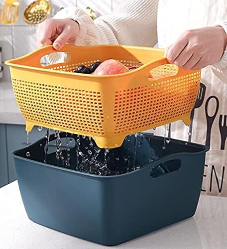 Jucoan 2 Pack 9 & 8 Quart Large Kitchen Strainer Colander Bowl Set, Double-Layer Plastic Fruits Vegetable Washing Basket, Drain Bowls for Cleaning Washing Mixing, Detachable (Blue, Orange)
