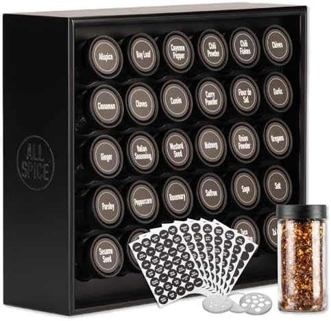 AllSpice Spice Rack Organizer, Wood, 525 Unique Labels, Countertop or Wall Mount, Includes 30 4oz Jars- Matte Black