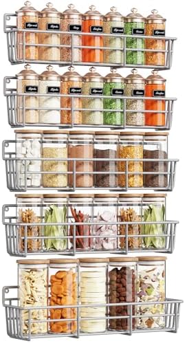 Mystozer Spice Rack Wall Mounted 5 Pack, For Spice Jars & Seasonings,Silver