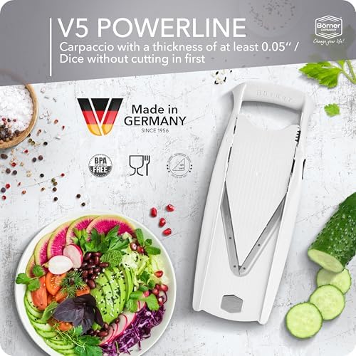 Mandoline Food Slicer Börner V5 (Profi Set) by Reston Lloyd • V-Slicer with 4 Inserts, Docking Station & Food Holder • Made in Germany • Fruit & Vegetable Chopper • Multiple Settings • Color: White