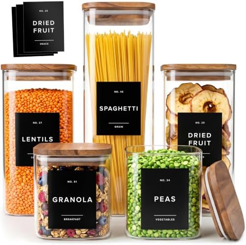 Glass Pantry Storage Jars Containers with Acacia Lids and Labels - Set of 5