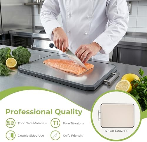 Freshware Titanium Cutting Board for Kitchen, Doble Sided and Non Slip Cutting Boards with Handle, Pure Titanium/PP, Chopping Board with Juice Grooves, Dishwasher Safe, Large 16.2" by 11"